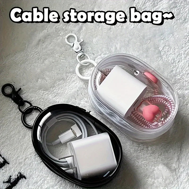 Portable Mini Clear Zipper Storage Bag - Space-Saving Organizer for Earphones & Chargers, Versatile with Handy Keychain Loop Beauty Fashion