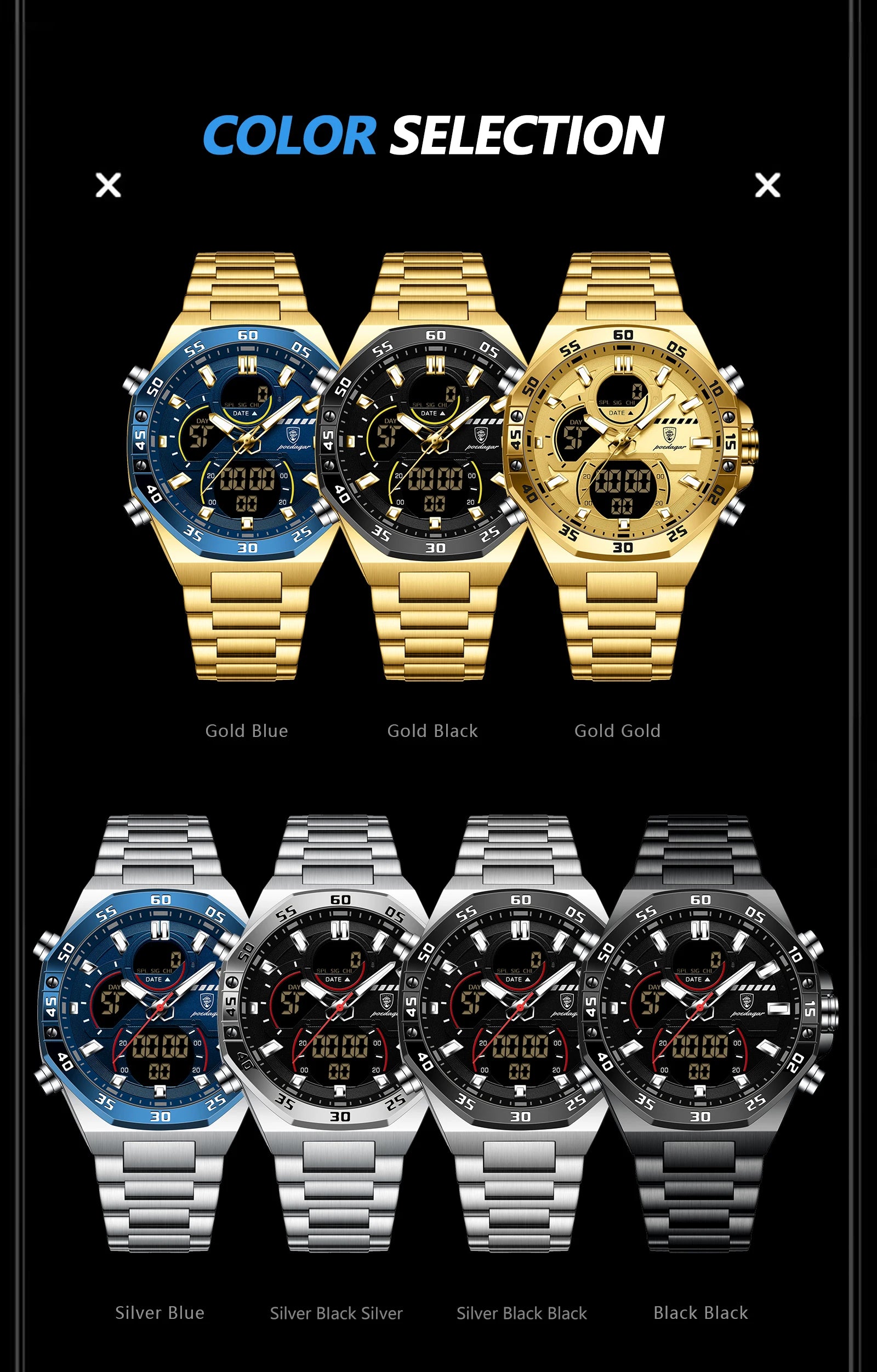 POEDAGAR Top Men Clock LED Luminous Waterproof Week Date Military Man Wristwatch Electronic Stainless Steel Quartz Men's Watches Beauty World Shop