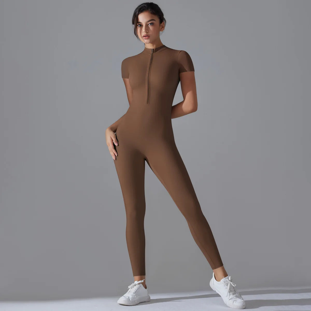 Naked zipper short sleeved yoga suit jumpsuit, quick drying breathable outdoor sports tight fitting jumpsuit, fitness suit Beauty World Shop