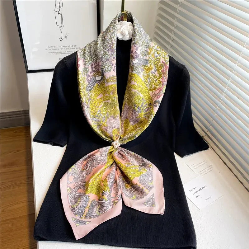 90cm Silk Twill Square Scarf For Women Spring Print Hair Band Hijab Foulard Sunsceen Neckerchief Shawl Wraps Echarpe New Beauty World Shop