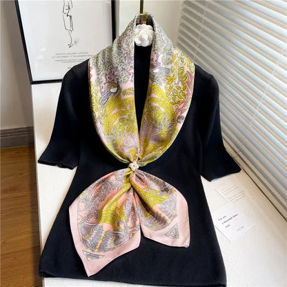 90cm Silk Twill Square Scarf For Women Spring Print Hair Band Hijab Foulard Sunsceen Neckerchief Shawl Wraps Echarpe New Beauty World Shop