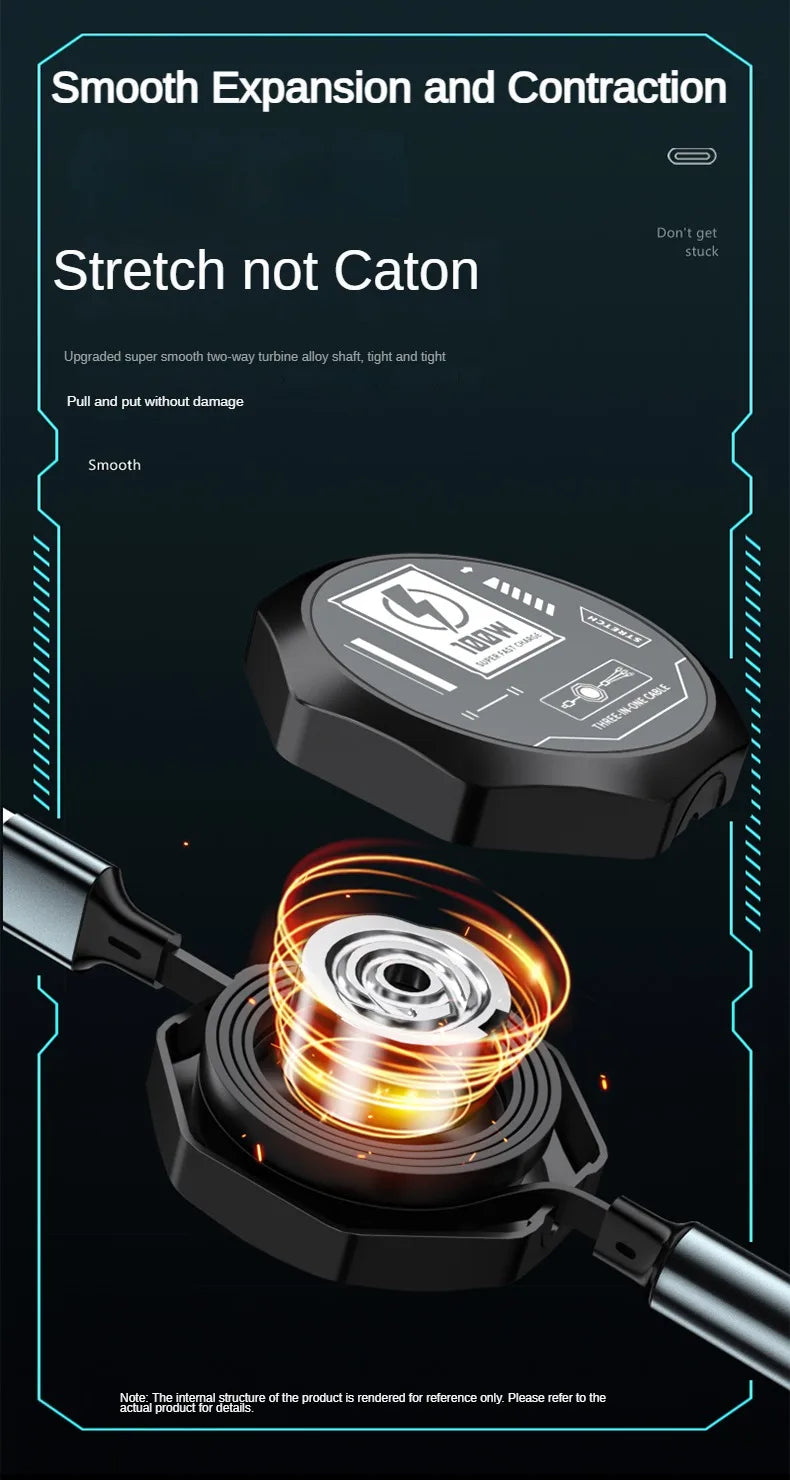 3 In 1 Retractable USB 100W Cable Fast Charging And Data Micro USB Type C For iphone6-14 Android Phone Xiaomi Huawei OPPO Beauty World Shop