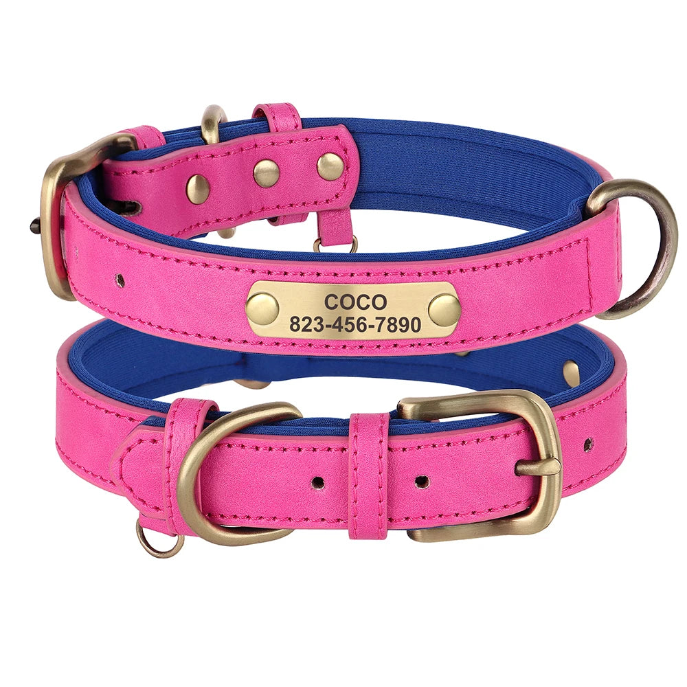 Custom ID Name Dog Collar PU Leather Dogs Collars Adjustable Pet Necklace Padded for Small Medium Large Dogs Pug Free Engraving