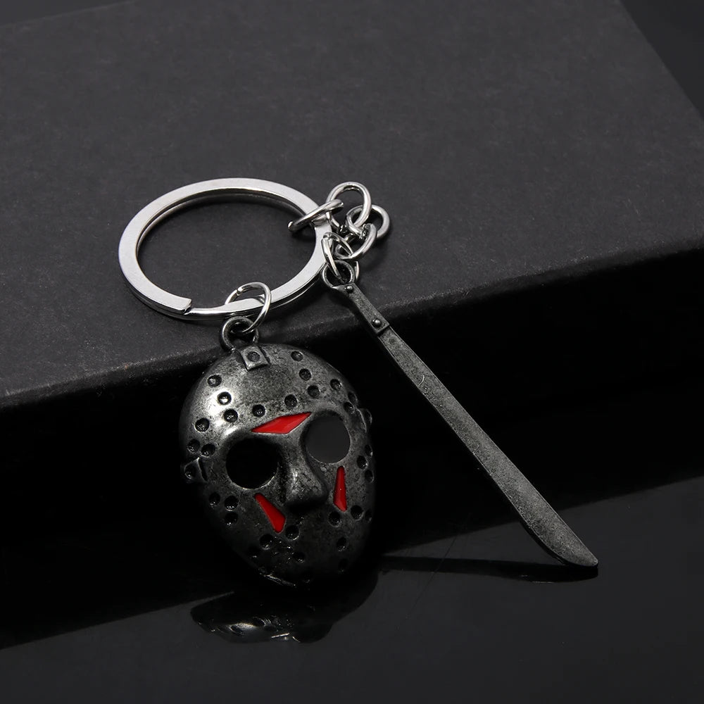 Horror Movie Halloween Keychain Hockey Mask Machete Metal Keyring Pendants Cosplay Props For Men Women Backpack Jewelry Beauty World Shop