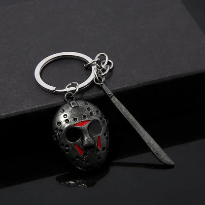 Horror Movie Halloween Keychain Hockey Mask Machete Metal Keyring Pendants Cosplay Props For Men Women Backpack Jewelry Beauty World Shop