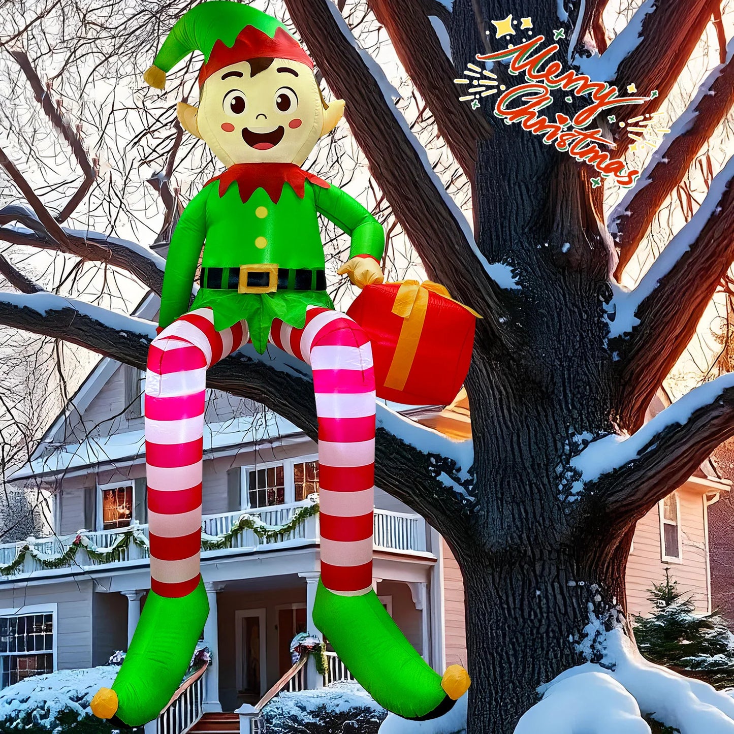 8FT Christmas Inflatables Outdoor Decorations, Christmas Inflatable Sitting Elf Christmas Yard Decorations Bliud-in LED Lights Beauty World Shop