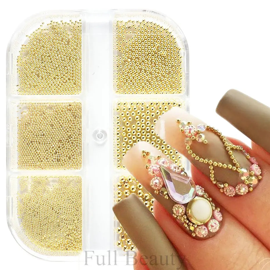 6 Grid Gold Mixed Size Stainless Steel Metal Bead Nail Art Decoration 3D Mini Small Caviar Ball Sliver Charm Pearl Manicure Beauty World Shop