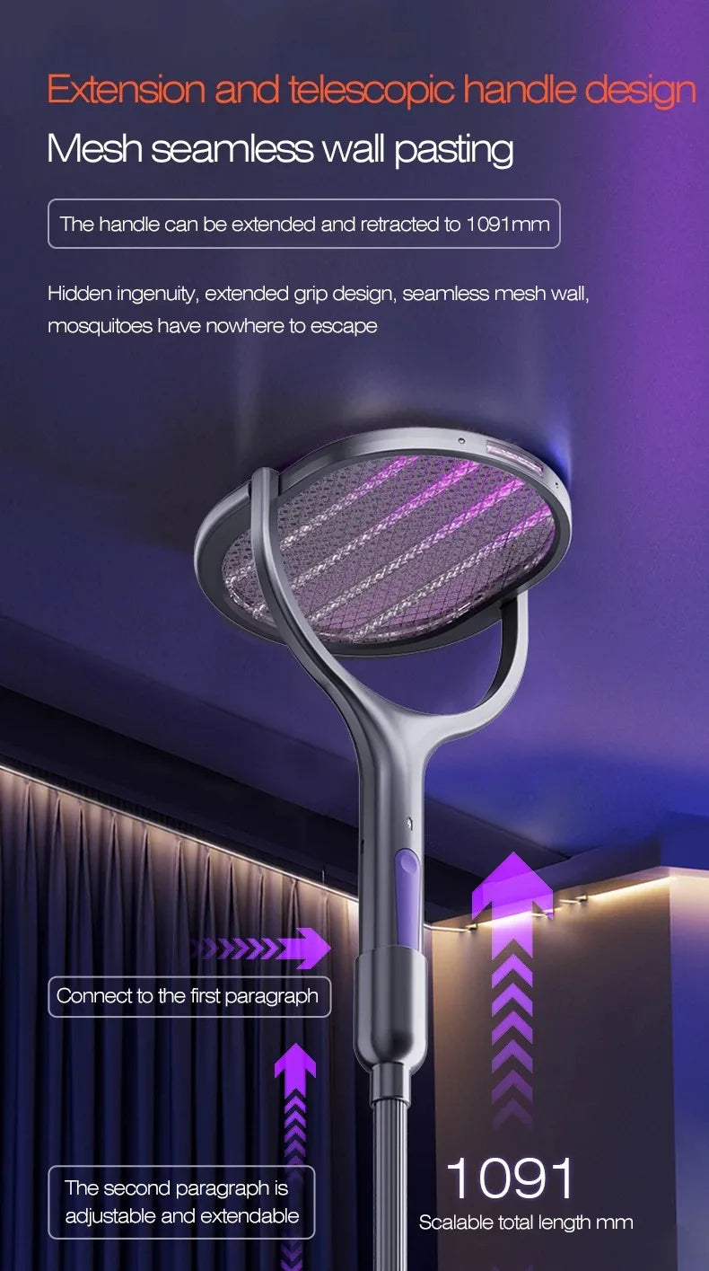 Telescopic Electric Mosquito Swatter & UV Trap Lamp, Extendable 109cm, Safe Physical Killer, Rechargeable, Wall Mount No Gap Beauty World Shop