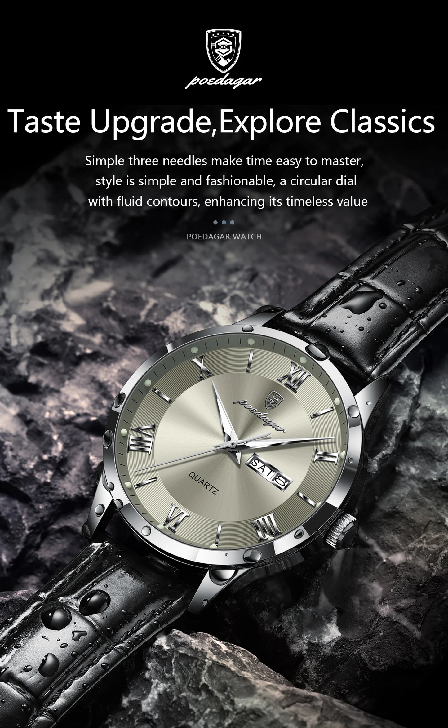 POEDAGAR Business Brand Men Clock Waterproof Luminous Date Week Fashion Man Wristwatch Leather Luxury Men's Quartz Watches Reloj Beauty World Shop