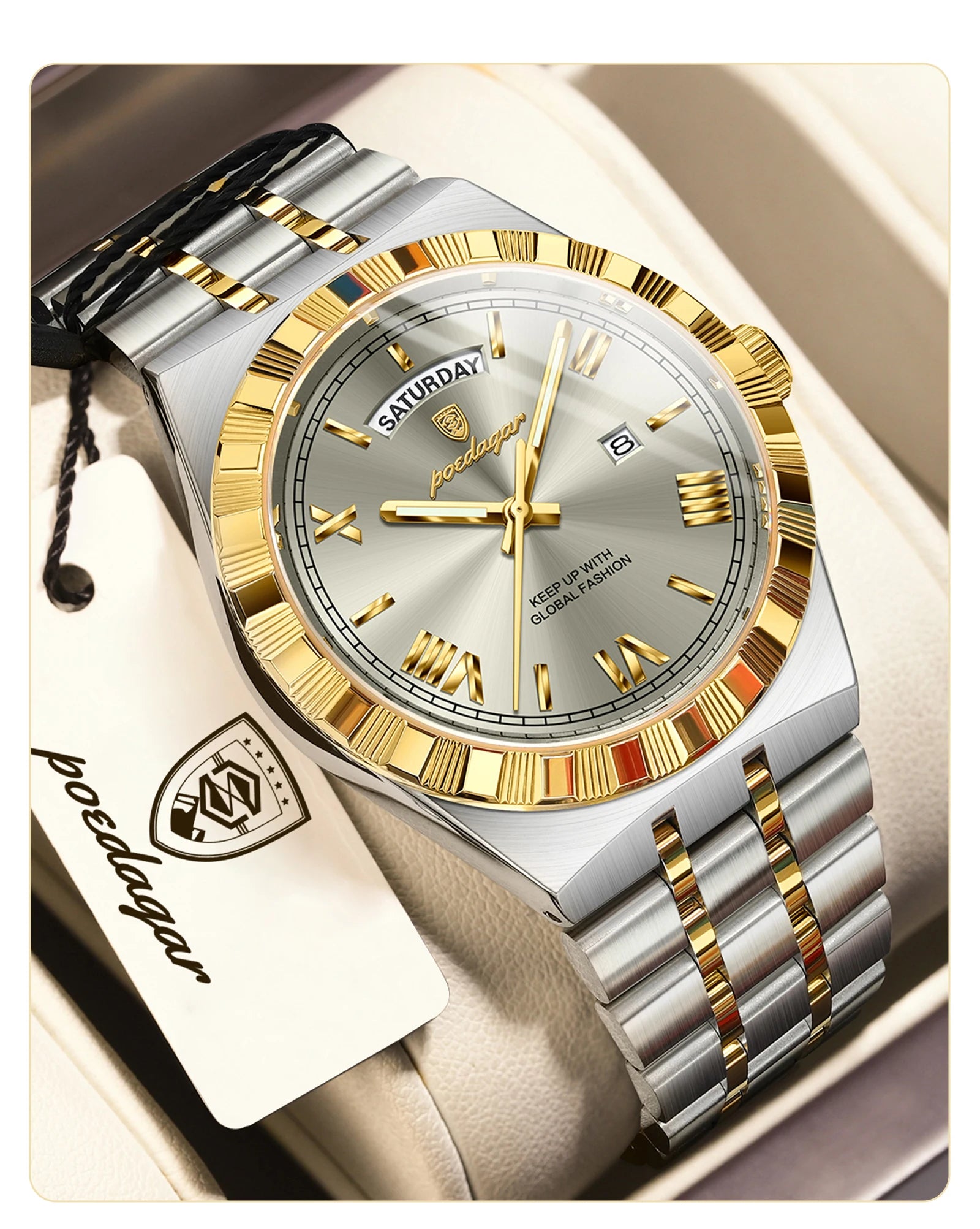 POEDAGAR Fashion Business Men's Watch Luminous Waterproof Week Date Luxury Man Wristwatch Stainless Steel Quartz Watches For Men Beauty World Shop