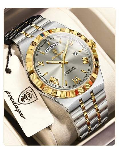 POEDAGAR Fashion Business Men's Watch Luminous Waterproof Week Date Luxury Man Wristwatch Stainless Steel Quartz Watches For Men Beauty World Shop
