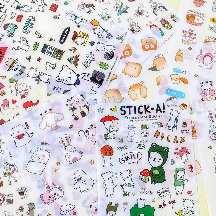 6Pieces/Set Transparent Pvc Waterproof Cartoon Sticker DIY Hand Account Decorative Stickers Kawaii Phone Cup Stickers Beauty World Shop