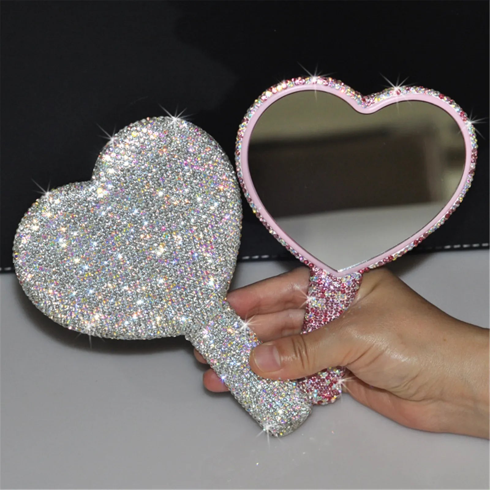 Travel Diamond Makeup Mirror Love Heart Bling Cosmetic Beauty Tools Handheld Vanity Portable Make Up Mirror for Girls Gifts Beauty World Shop