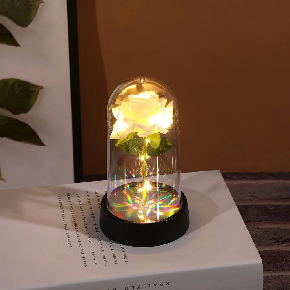 Artificial Flowers LED Red Rose Creative Valentine's Day Gift Rose in Glass Cover with Stand Light Up Rose Wedding Galaxy Rose Beauty World Shop
