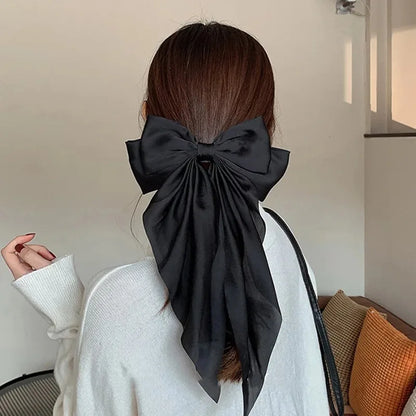 Korean Accessories Hair Clips for Women Girls Big Bowknot Solid Satin Long Ribbon Bows Spring Clamp Barette Cheveux Femme 2023 Beauty World Shop