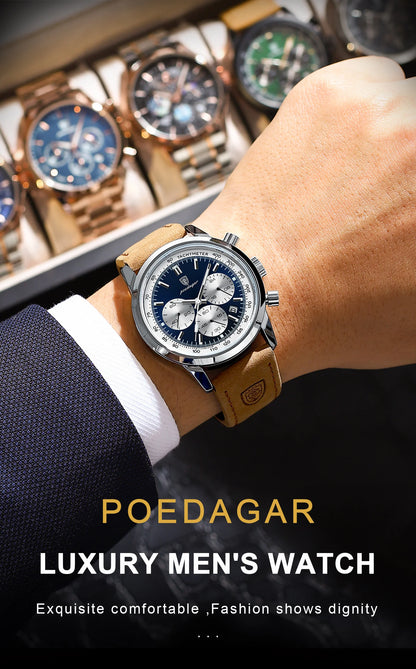 POEDAGAR Top Brand Men's Quartz Watch Waterproof Luminous Chronograph Military Man Watch Luxury Fashion Leather Watches For Men Beauty World Shop