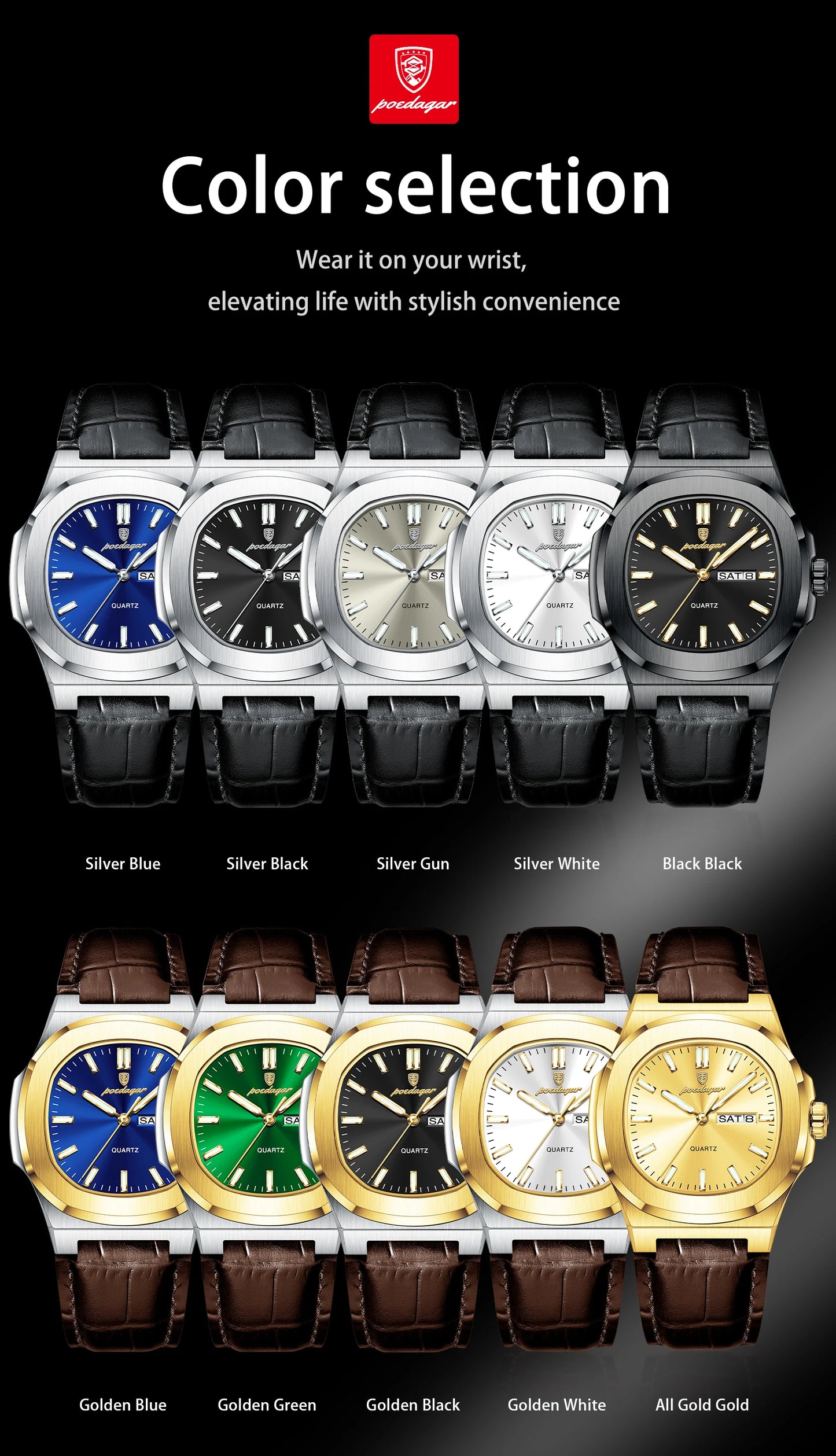 POEDAGAR Square Wristwatch For Men Luminous Waterproof Week Calendar Luxury Man Clock Leather Quartz Fashion Men's Watches Reloj Beauty World Shop