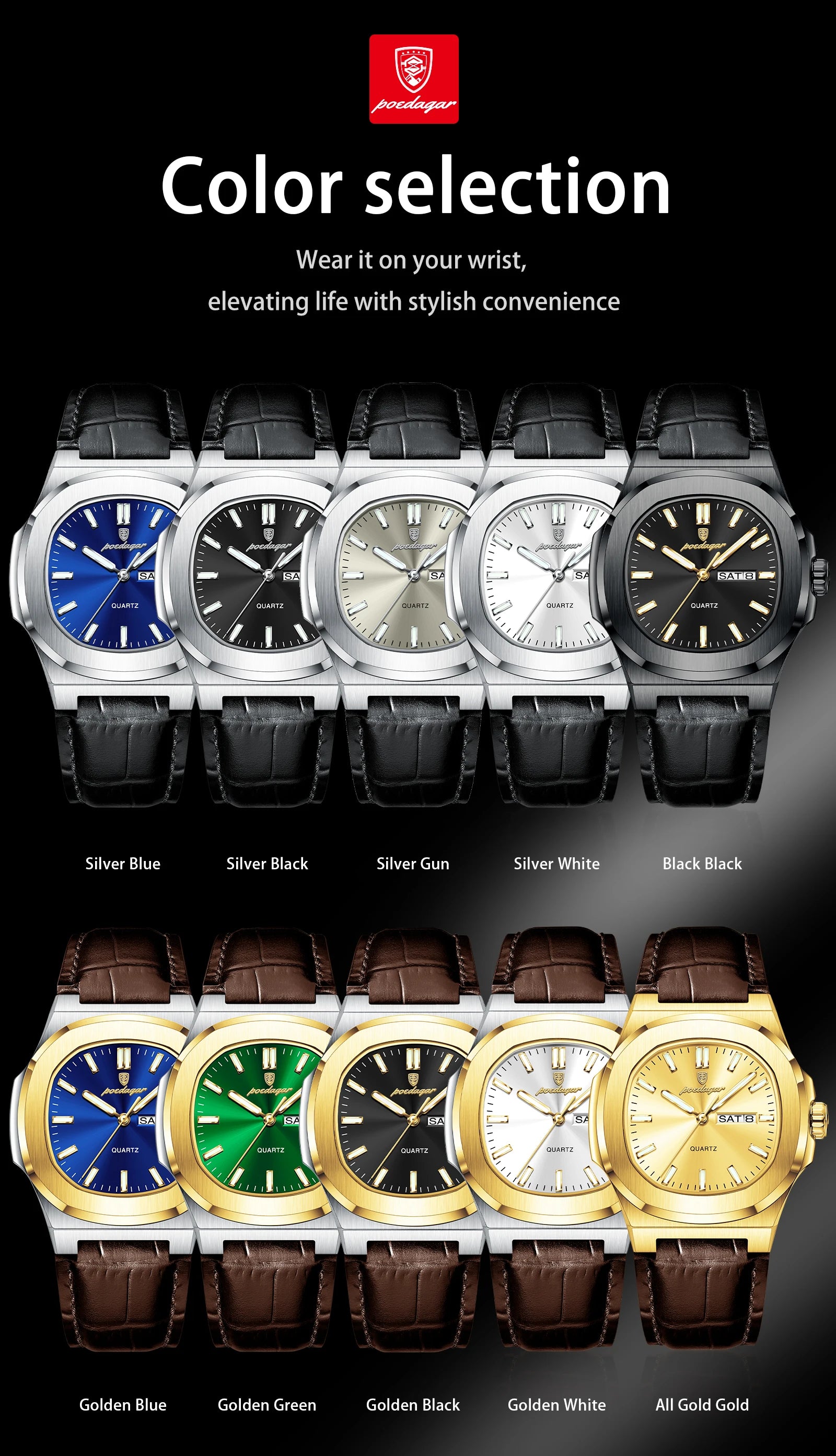 POEDAGAR Square Wristwatch For Men Luminous Waterproof Week Calendar Luxury Man Clock Leather Quartz Fashion Men's Watches Reloj Beauty World Shop