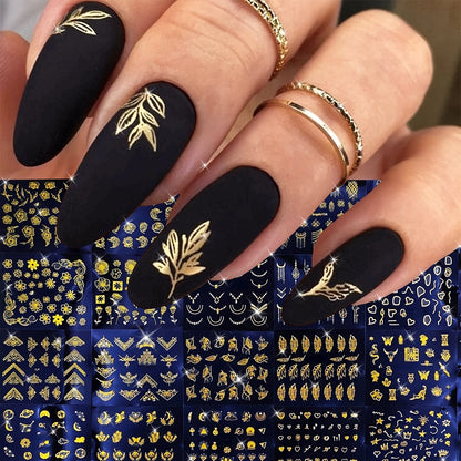 30 Sheets Golden Floral Nail Art Stickers - 3D Self-Adhesive Shimmering Leaf & Flower Designs for DIY Manicure Beauty World Shop
