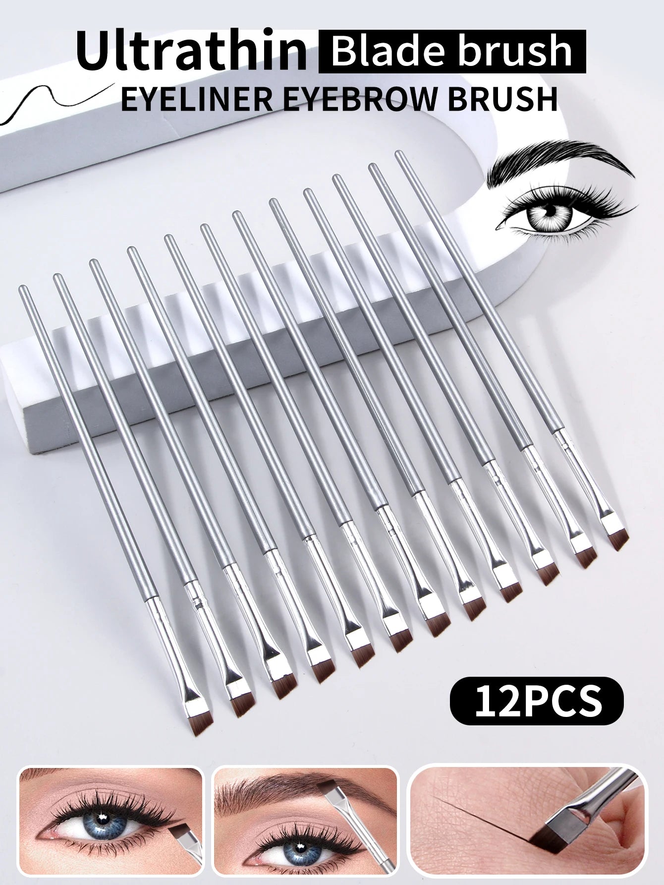 12pcs silvery Super Thin Blade Eyeliner Brush & Soft Makeup Brush Set, Portable Eyebrow Brush & Multipurpose Cosmetic Tool Beauty World Shop