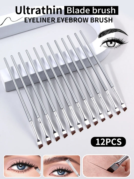 12pcs silvery Super Thin Blade Eyeliner Brush & Soft Makeup Brush Set, Portable Eyebrow Brush & Multipurpose Cosmetic Tool Beauty World Shop