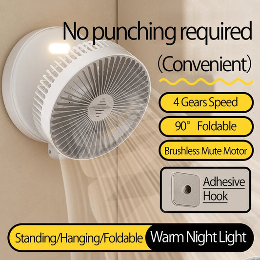 2024 New Rechargeable 3IN1 Multifunctional Portable Fan Wall Mounted Fan 90° Folding Fan 4 Gears With Warm Night Light Beauty World Shop