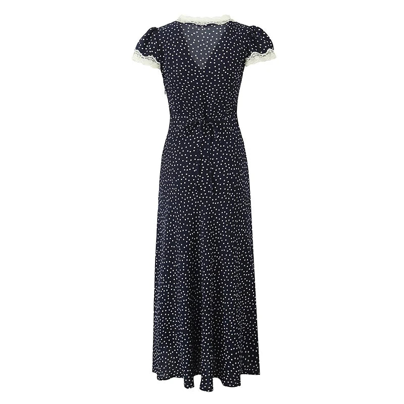 YENKYE 2025 Women Navy Blue Polka Dot Long Dress Lace Trim V Neck Short Sleeve A-line Elegant Holiday Dresses Summe Maxi Robe Beauty World Shop