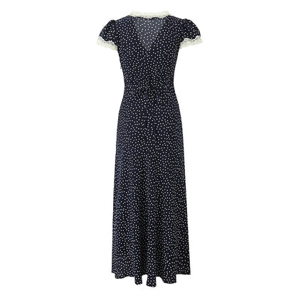 YENKYE 2025 Women Navy Blue Polka Dot Long Dress Lace Trim V Neck Short Sleeve A-line Elegant Holiday Dresses Summe Maxi Robe Beauty World Shop