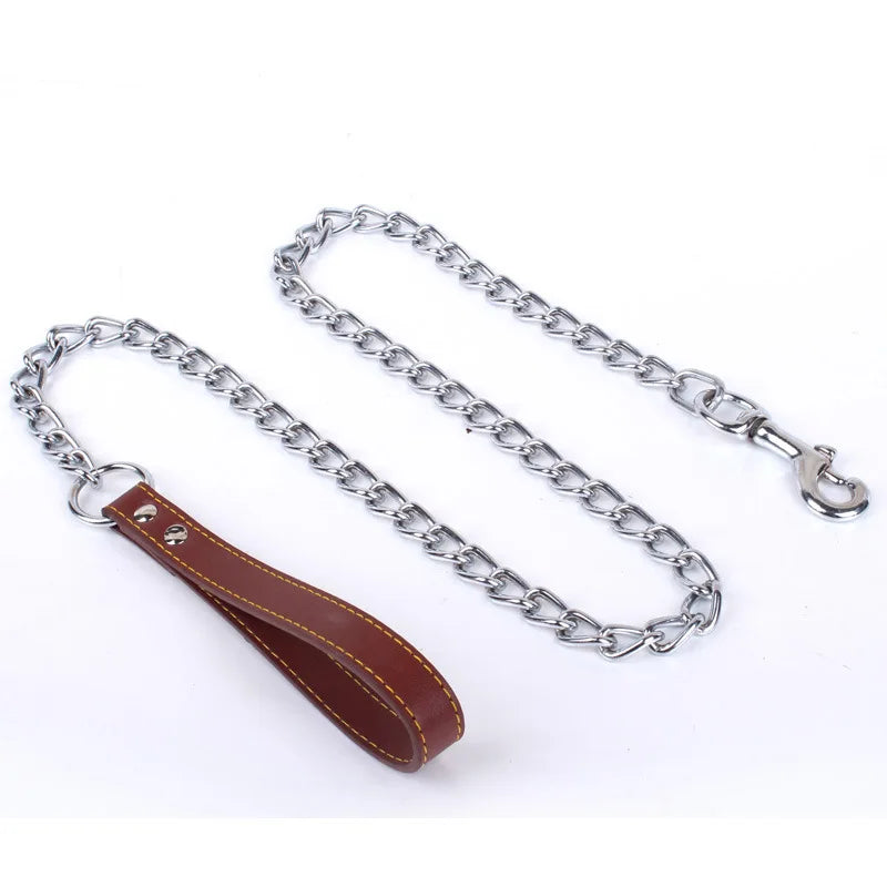Metal Chain Dog Lead with Leather Style Handle Strong Control Leash Iron Dog Pets Supplies Collars Harnesses Chain Traction Rope Beauty World Shop