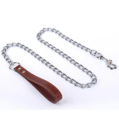 Metal Chain Dog Lead with Leather Style Handle Strong Control Leash Iron Dog Pets Supplies Collars Harnesses Chain Traction Rope Beauty World Shop