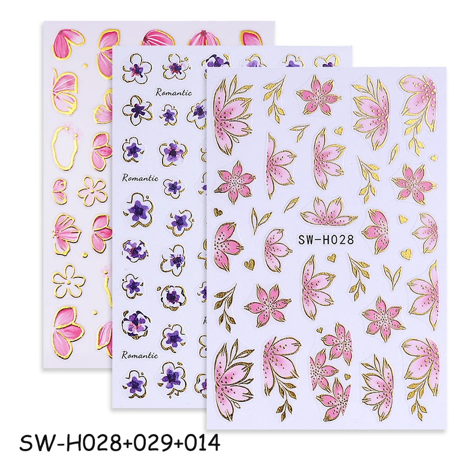 2/3pcs Golden Pink Hibiscus Flower Nail Stickers 3D Bronzing Border Petals Sakura Line Sliders Nail Decals DIY Manicure Decor Beauty World Shop