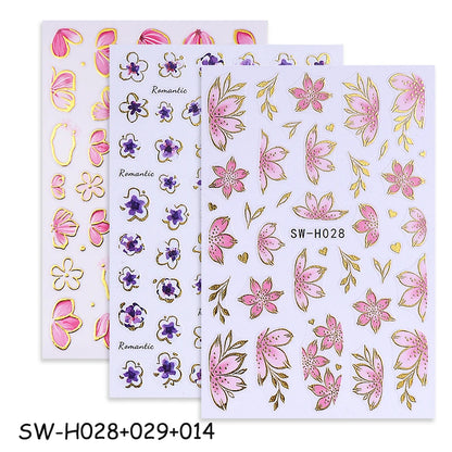 2/3pcs Golden Pink Hibiscus Flower Nail Stickers 3D Bronzing Border Petals Sakura Line Sliders Nail Decals DIY Manicure Decor Beauty World Shop