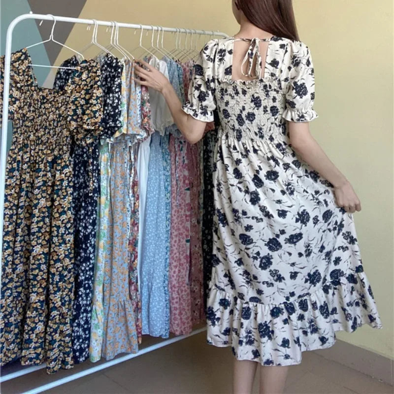 Spring Summer Elastic Waist Chiffon Dress Women Casual Dresses Fashion Female  Vestidos Short Sleeve Pleated A-line Dresses Beauty World Shop