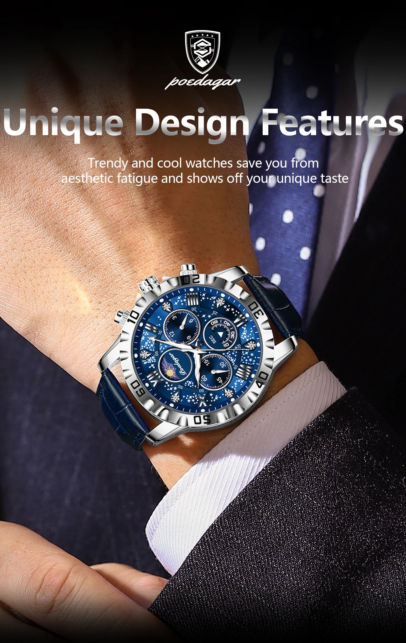 POEDAGAR Top Functional Luxury Man Wristwatch Waterproof Luminous Chronograph Leather Sports Watches For Men Quartz Men's Watch Beauty World Shop