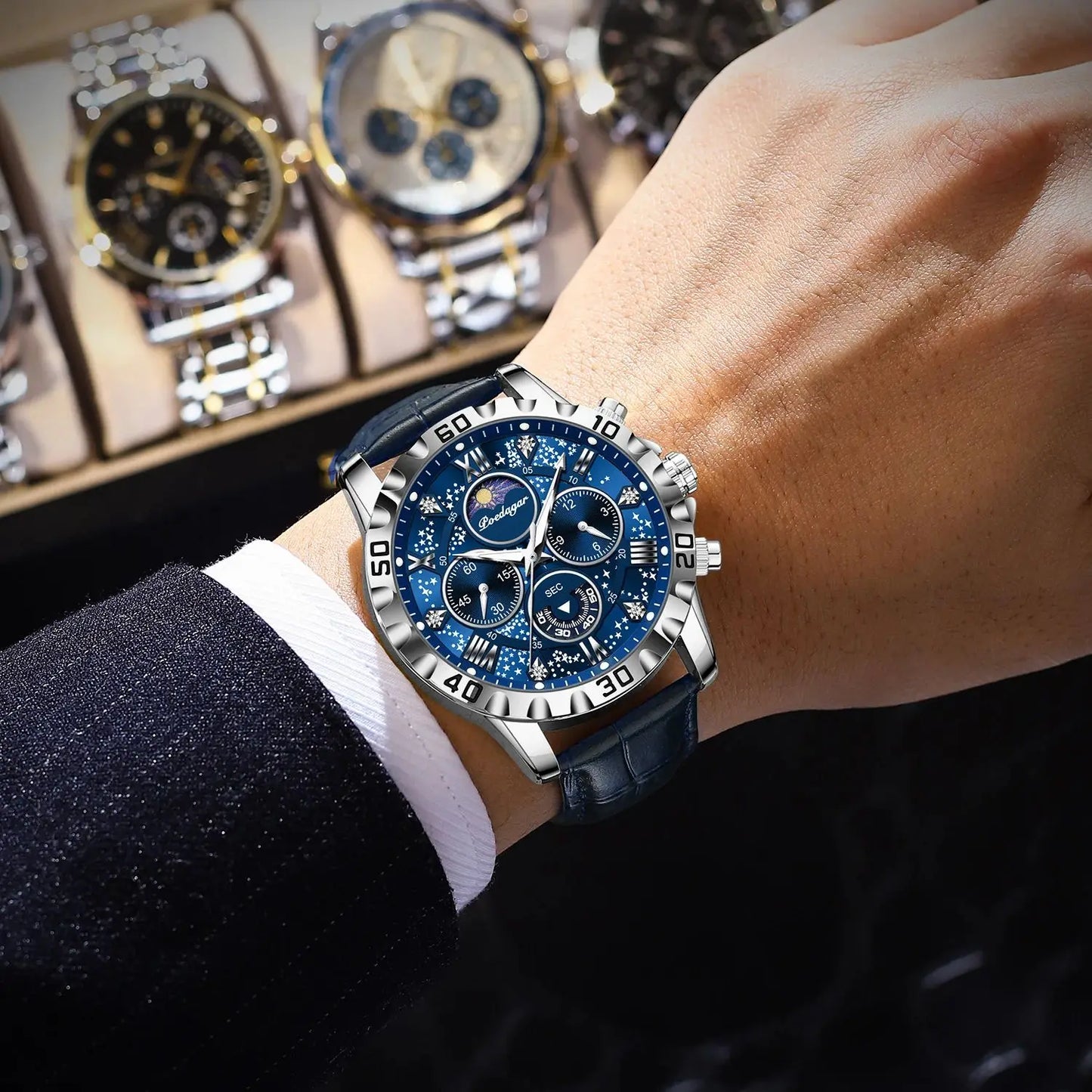 POEDAGAR Top Functional Luxury Man Wristwatch Waterproof Luminous Chronograph Leather Sports Watches For Men Quartz Men's Watch Beauty World Shop