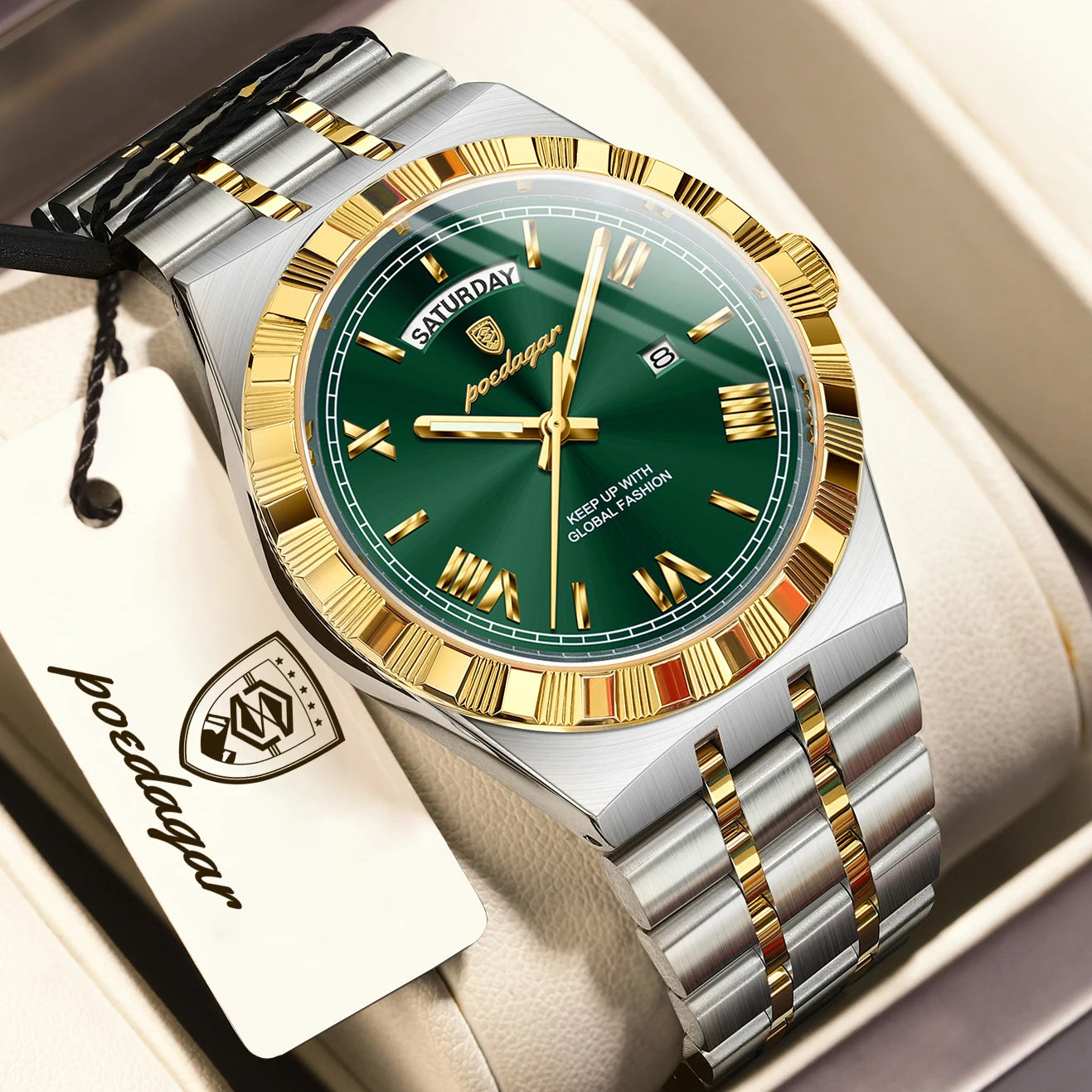 POEDAGAR Fashion Business Men's Watch Luminous Waterproof Week Date Luxury Man Wristwatch Stainless Steel Quartz Watches For Men Beauty World Shop