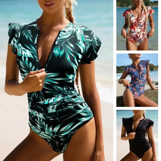 2024 Fashion Short Dress One-piece Swimsuit Zipper Swimsuit Sexy Bikini Women's Thickened Printed Swimming Beach Wear Summer Beauty World Shop