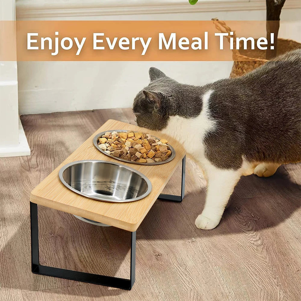 Elevated Cat Bowls 15° Tilted Raised Cat Food Bowls with Wooden Stand Anti Vomiting 2 Stainless Steel Bowls for Cats and Puppy Beauty World Shop