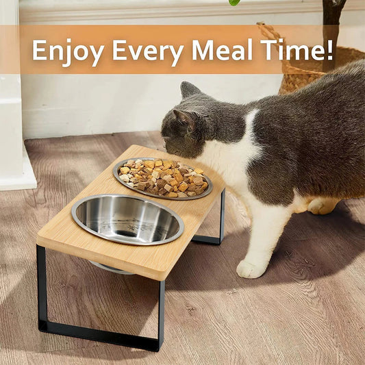 Elevated Cat Bowls 15° Tilted Raised Cat Food Bowls with Wooden Stand Anti Vomiting 2 Stainless Steel Bowls for Cats and Puppy Beauty World Shop