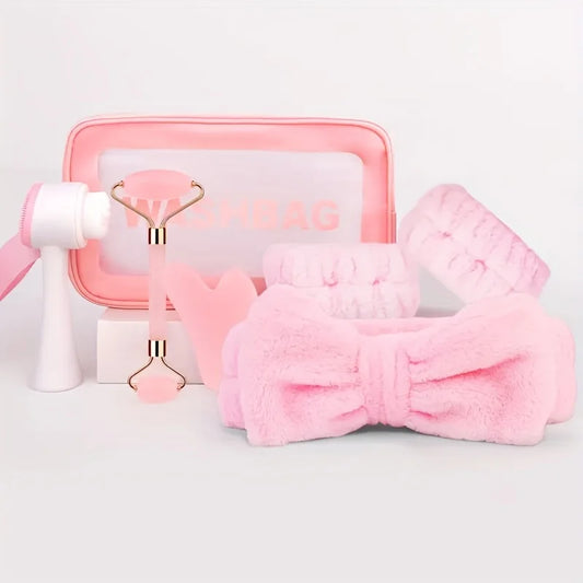 7-piece facial cleansing and massage set with a silicone dual-ended brush, dual-ended roller, and heart-shaped gua sha tool Beauty World Shop