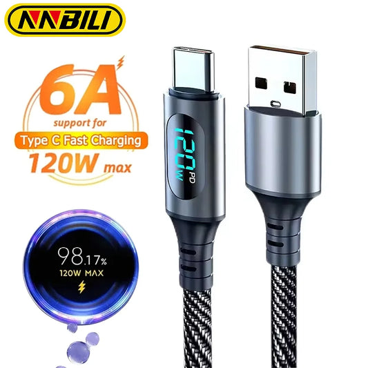 NNBILI 6A 120W USBA to Type C Super Fast Charge Cable Nylon Data Cord for  Xiaomi POCO Samsung With Led Digital Display Cable Beauty World Shop