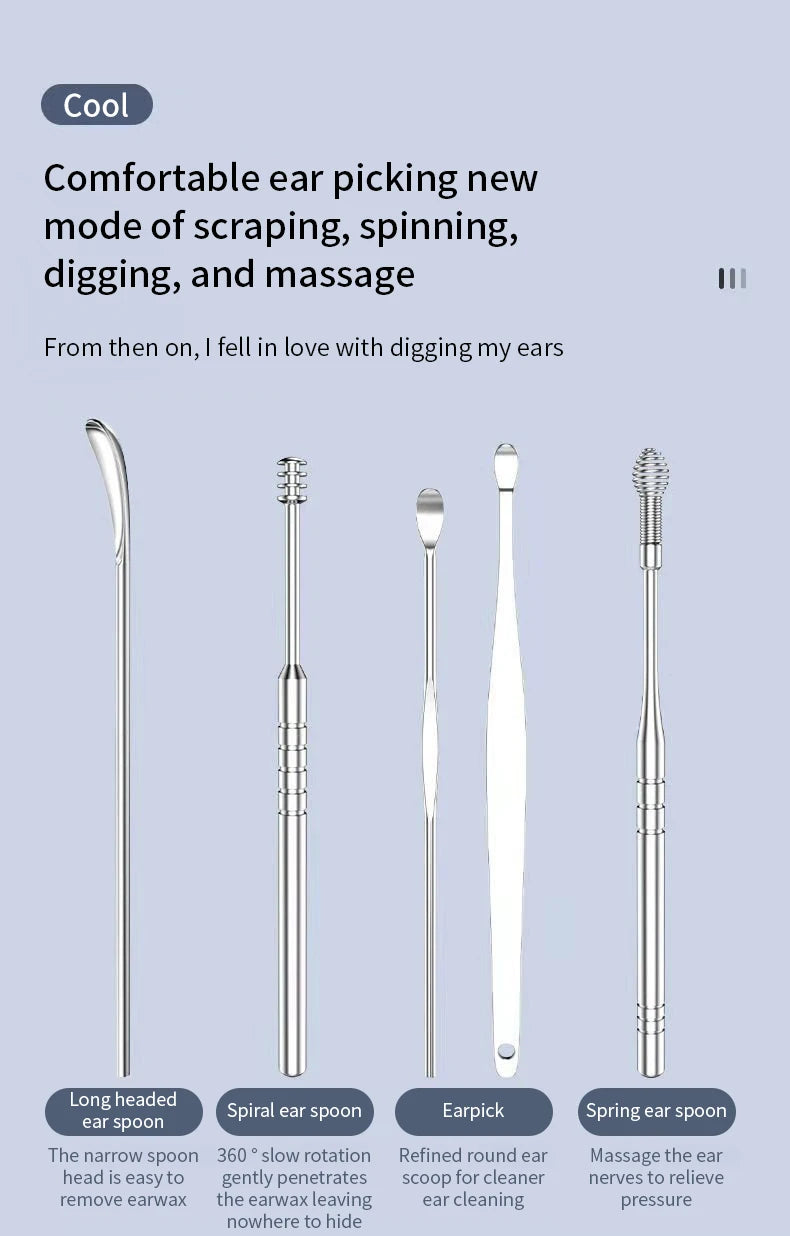 6Pcs/Set Ear Wax Pickers Stainless Steel Earpick Wax Remover Curette Ear Pick Cleaner Ear Cleaner Spoon Care Ear Clean Tool Beauty World Shop