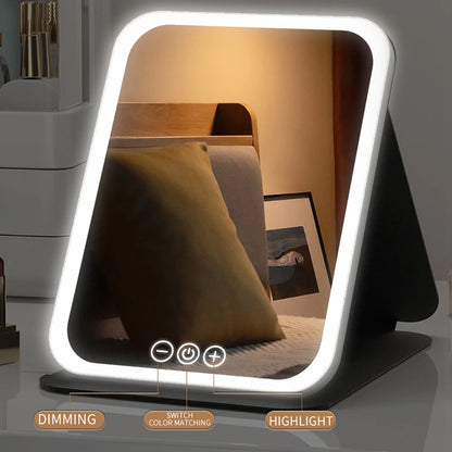 3 Colors Dimmable LED Makeup Mirror with Touch Screen Fold Cosmetic Makeup Mirror Rechargeable Tabletop for Travel & Home Use Beauty World Shop