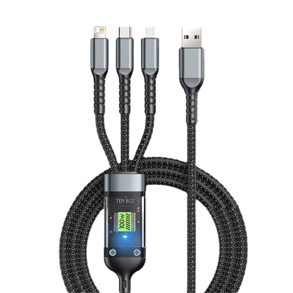 3-in-1 USB 100W 6A Fast Charger Cable Car USB To Type-C Micro LIGHTNING Cable For iPhone 16 15 14 13 Samsung Xiaomi Huawei Beauty World Shop