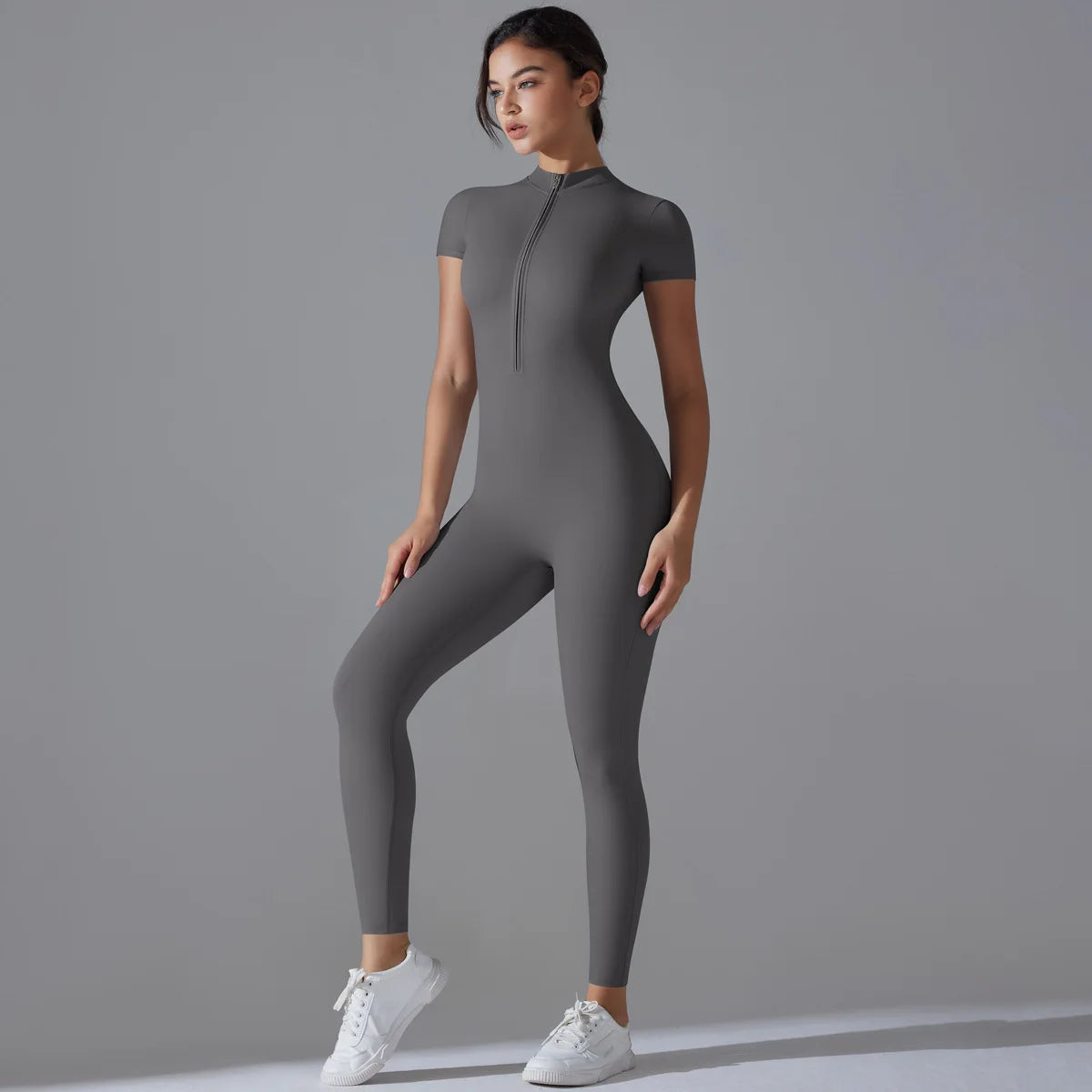 Naked zipper short sleeved yoga suit jumpsuit, quick drying breathable outdoor sports tight fitting jumpsuit, fitness suit Beauty World Shop