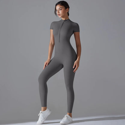 Naked zipper short sleeved yoga suit jumpsuit, quick drying breathable outdoor sports tight fitting jumpsuit, fitness suit Beauty World Shop
