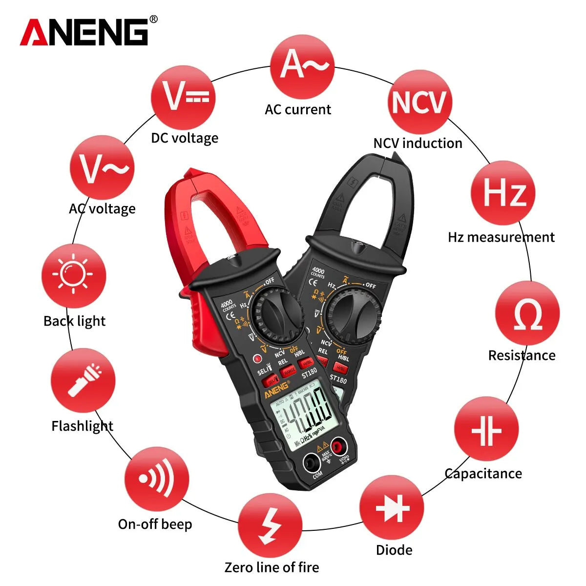 ANENG ST180 AC Current Clamp Meter  Digital 4000 Counts Multimeter Ammeter Voltage Tester Car Amp Hz Capacitance NCV Ohm Tool Beauty World Shop