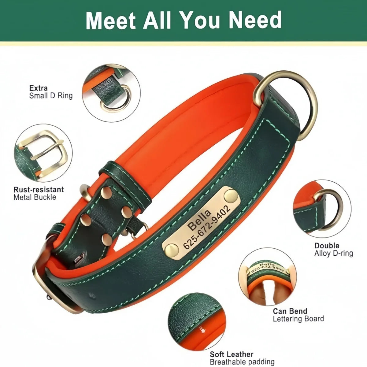 Personalized Customized Leather ID Nameplate Dog Collar Soft Padded Dogs Collars Free Engraving Name for Small Medium Large Dogs Beauty World Shop