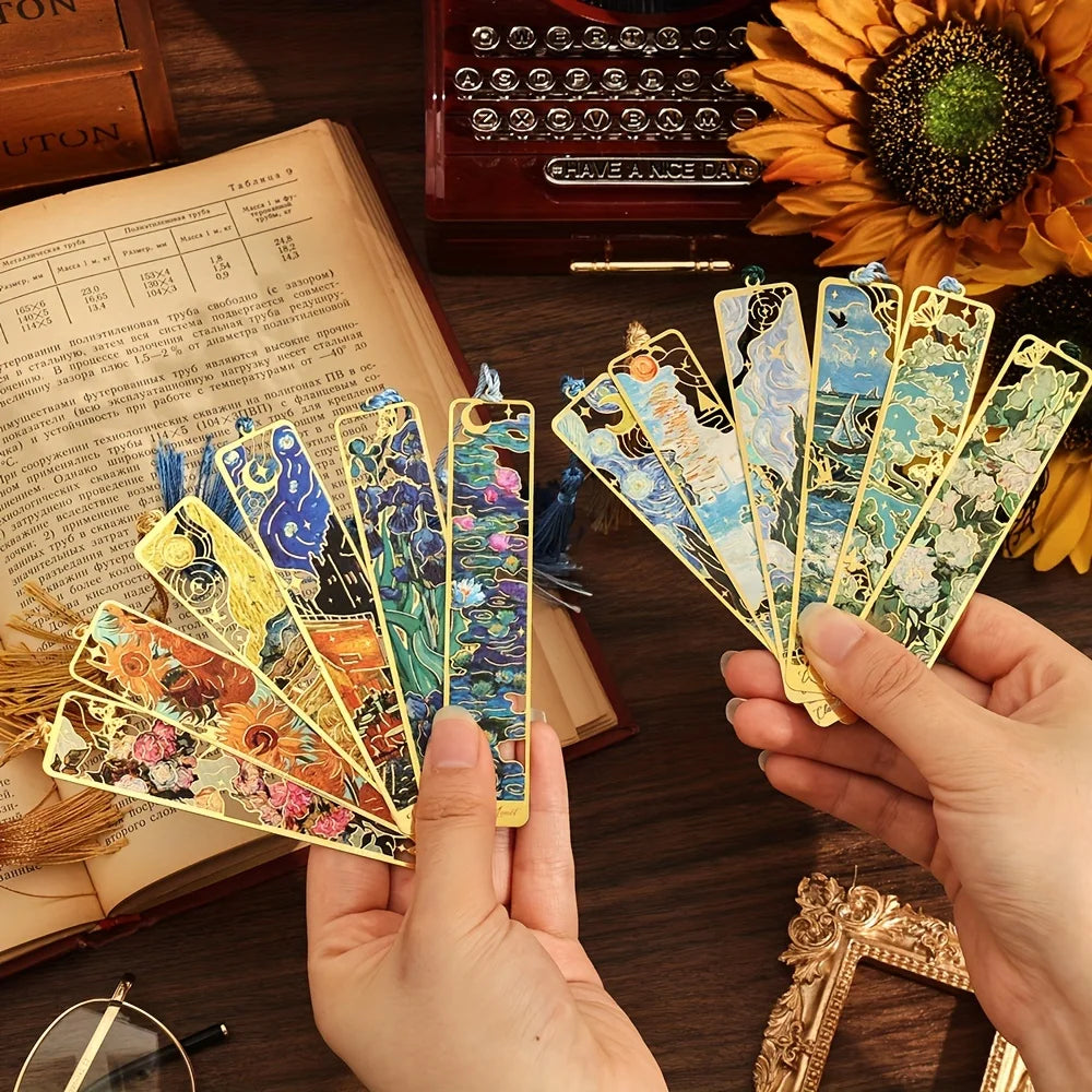 Vintage Oil Painting Metal Bookmarks - Hollow Hot Stamping Long Tassel Bookmarks - Stationery Gifts for Book Clubs, Book Lovers, Beauty World Shop