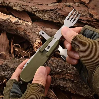 7 in 1 Camping Gear Portable Stainless Steel Spoon Fork Knife and Bottle Opener Combination Set Travel, Backpack Style Tableware Beauty World Shop